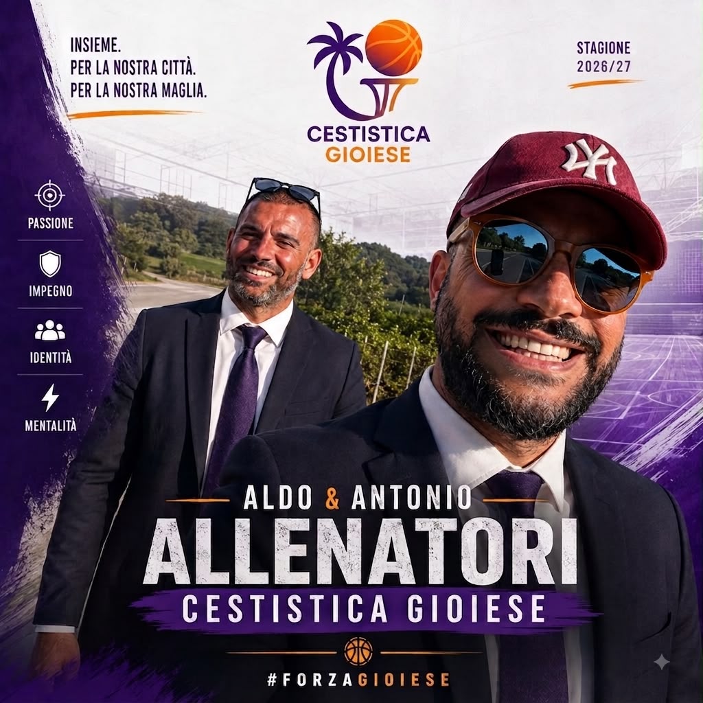Grafica ufficiale della Cestistica Gioiese per la stagione 2026/27 dedicata ad Aldo e Antonio Travia, raffigurati in abito scuro e cravatta viola lungo una strada di campagna, con lo stemma della società e la scritta "Allenatori Cestistica Gioiese".