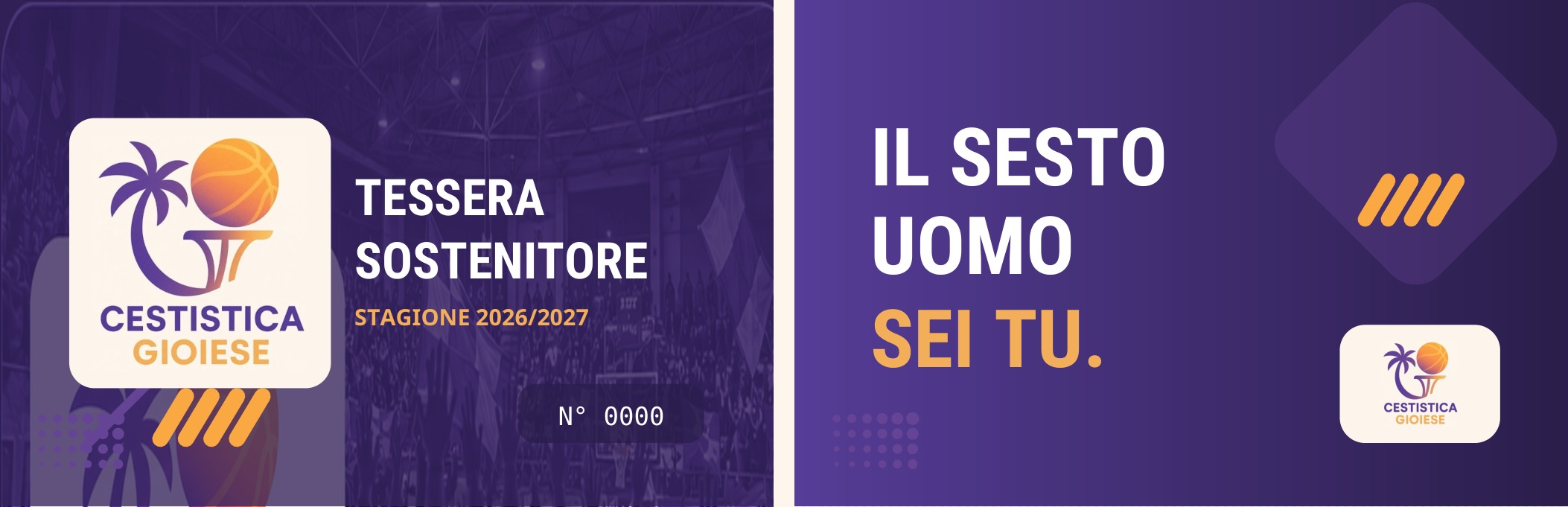 Fronte e retro della Tessera Sostenitore 2026/27 della Cestistica Gioiese, con il messaggio Il sesto uomo sei tu.